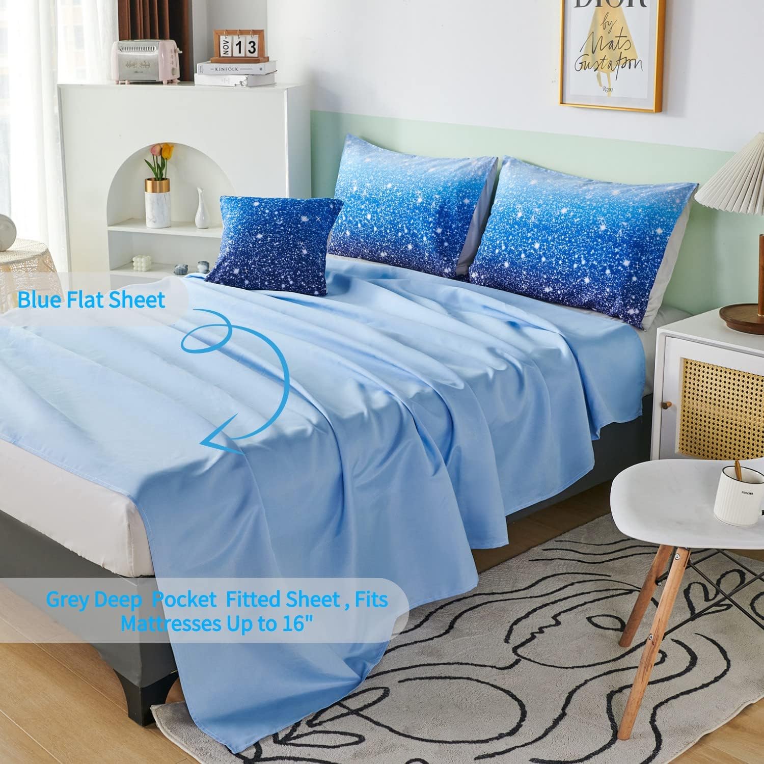 RYNGHIPY Juego de 6 piezas de edredón degradado azul aguamarina azul marino degradado con sábanas de fundas de almohada, tamaño matrimonial,