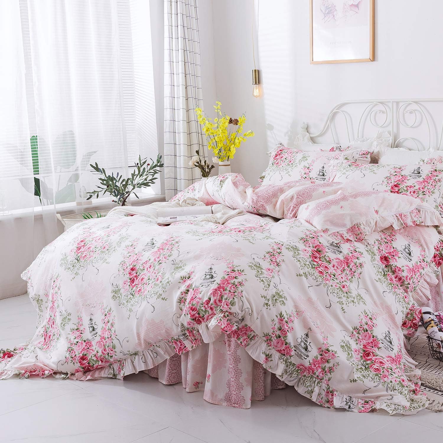 FADFAY Juego de funda de edredón, estilo floral elegante desgastado de roseta rosado, con cierre de cremallera oculto, 100% algodón, con falda de