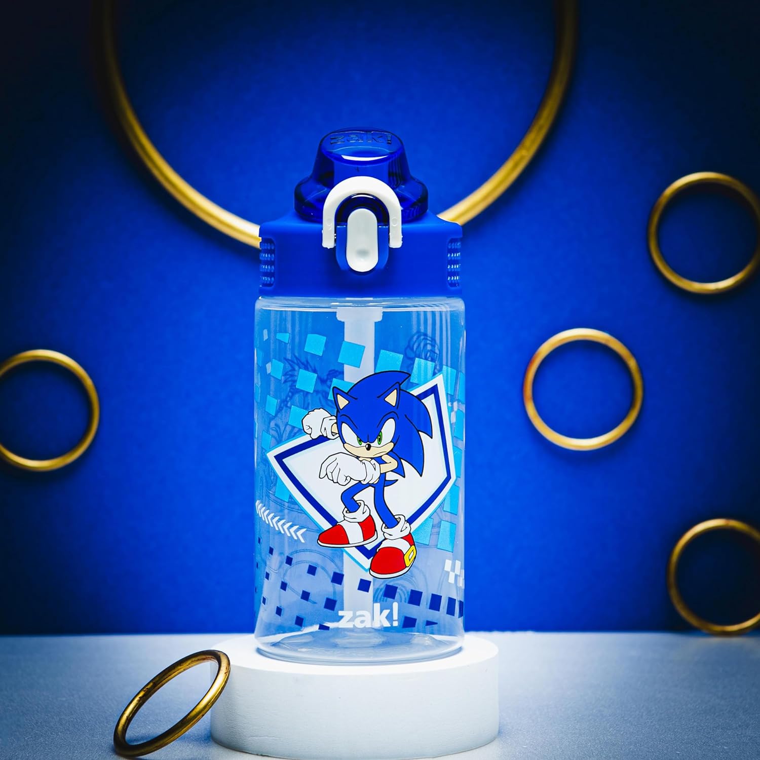 Zak Designs Sage Sonic the Hedgehog Botella de agua para niños, escuela o viajes, plástico duradero, 16onzas, con popote, asa, tapa, boquilla