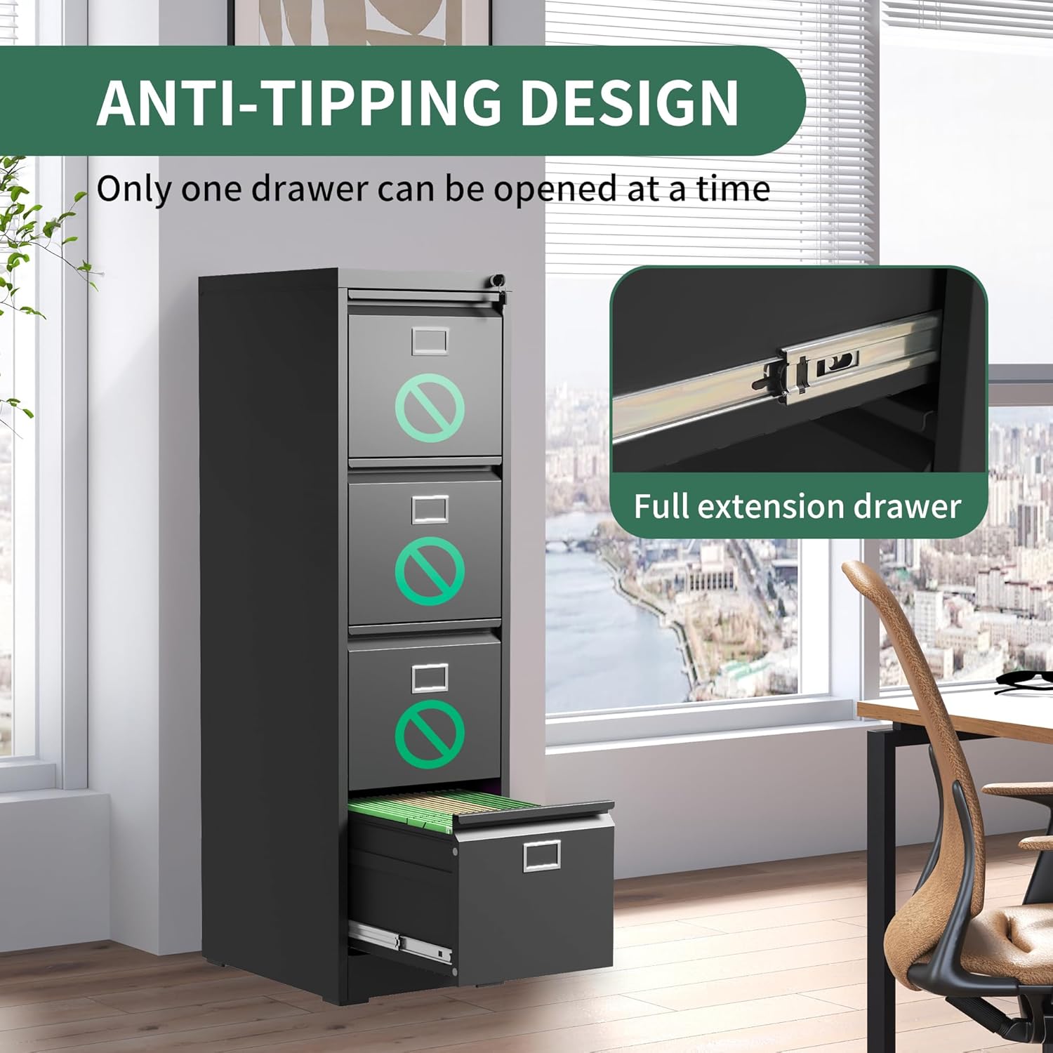 Archivador de 4 cajones, archivadores verticales de metal con cerradura para oficina en casa, archivador de acero de oficina resistente para colgar