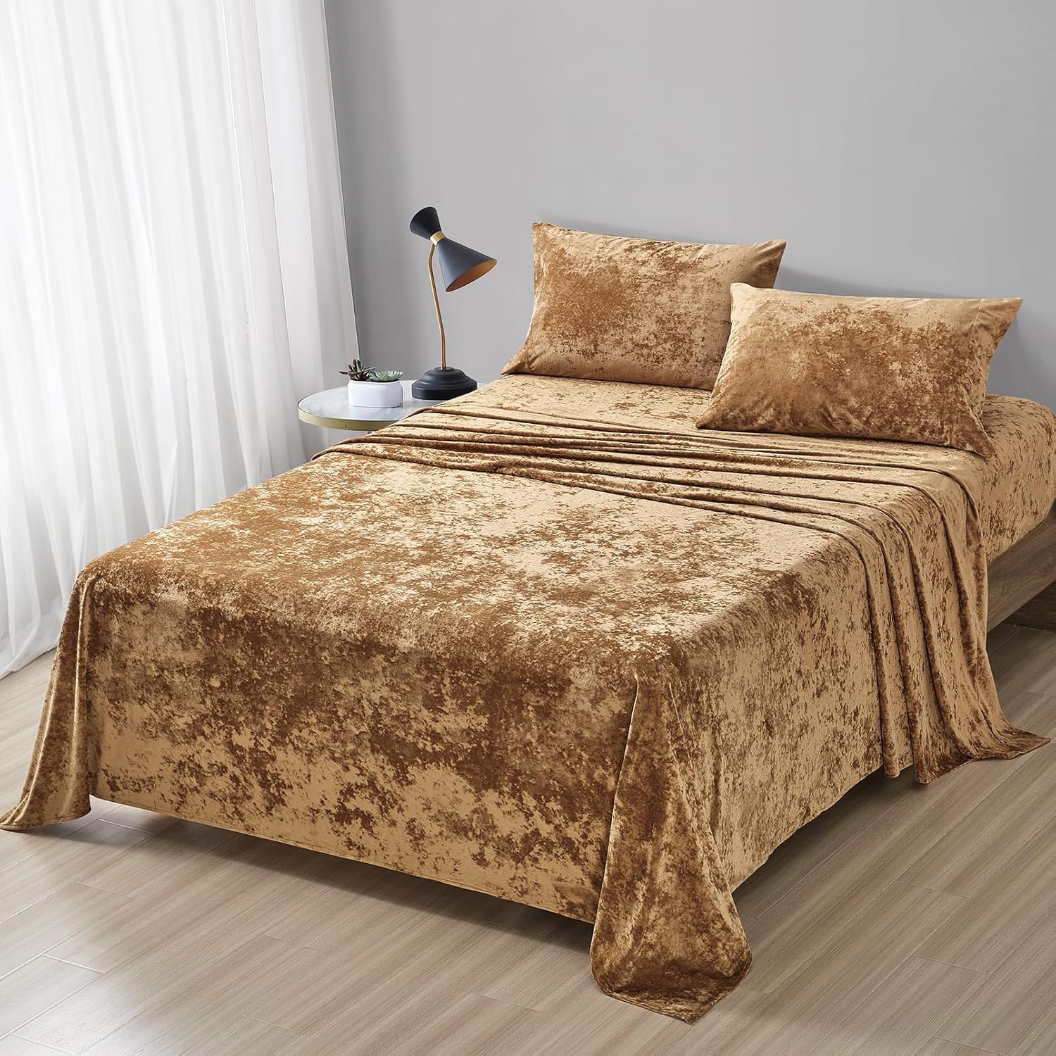 Juego de sábanas de terciopelo envejecido, 4 piezas color dorado caramelo, tamaño King, ultra suave, cálido