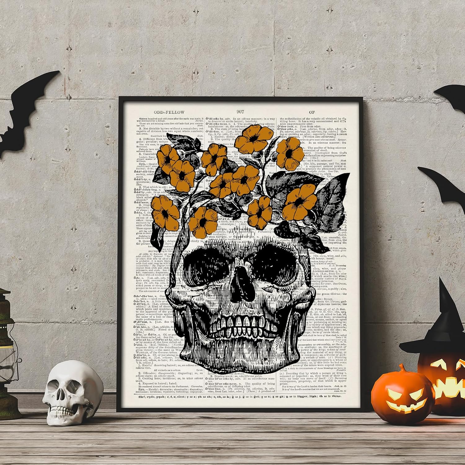 Whaline 6 impresiones artísticas de esqueleto de Halloween de 11 x 14 pulgadas, espeluznante arte gótico para pared, póster de Murciélago Bruja,