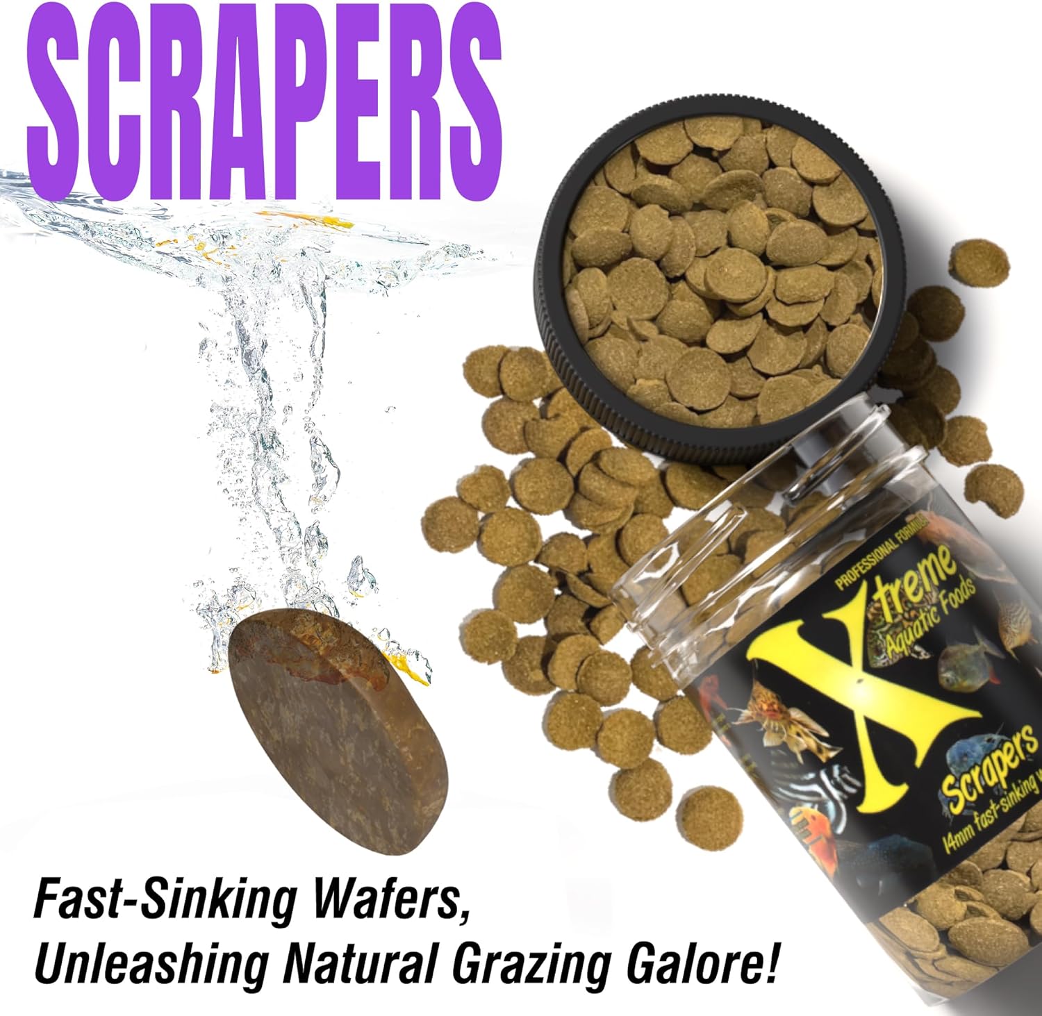 Xtreme Scrapers Wafers – Premium 14mm Fast-Sinking Fish Food  Nutrient & Cellulose Rich Ideal for Nocturnal Feeders, Catfish, Plecostomus Species,