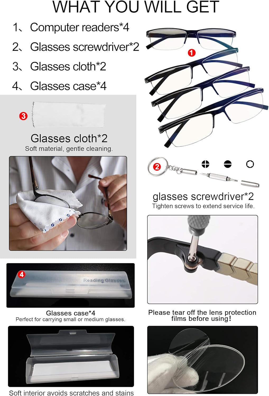 MARE AZZURO Paquete de 4 lentes de lectura con bloqueo de luz azul para mujeres y hombres lectores 1.0 1.25 1.5 1.75 2.0 2.25 2.5 2.75 3.0 3.5 4.0,