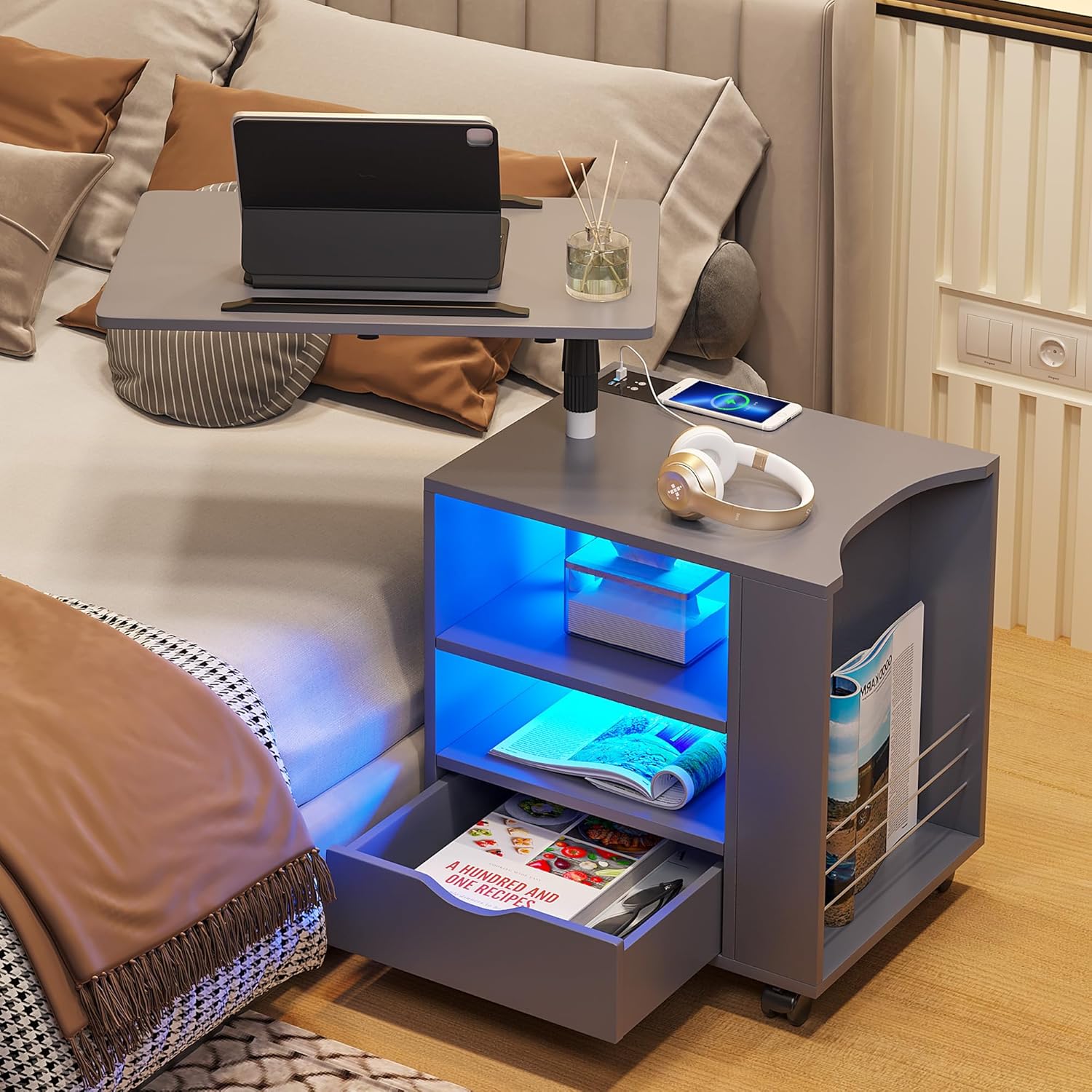 HNEBC Mesita de noche LED con estación de carga inalámbrica, mesita de noche gris tiene mesa giratoria ajustable, mesitas de noche con un cajón y 2