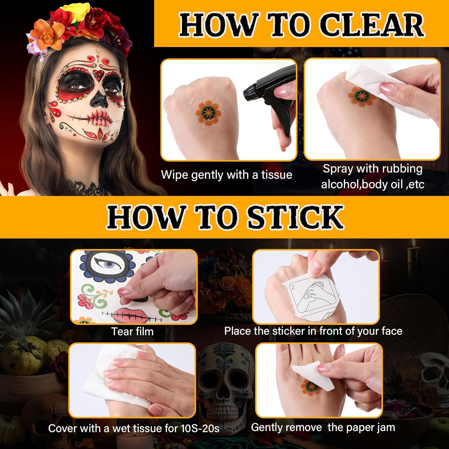 Maitys 4 piezas de tocado del Día de los Muertos, corona floral de rosas mexicanas y 8 hojas de calcomanías temporales de tatuaje de calavera floral