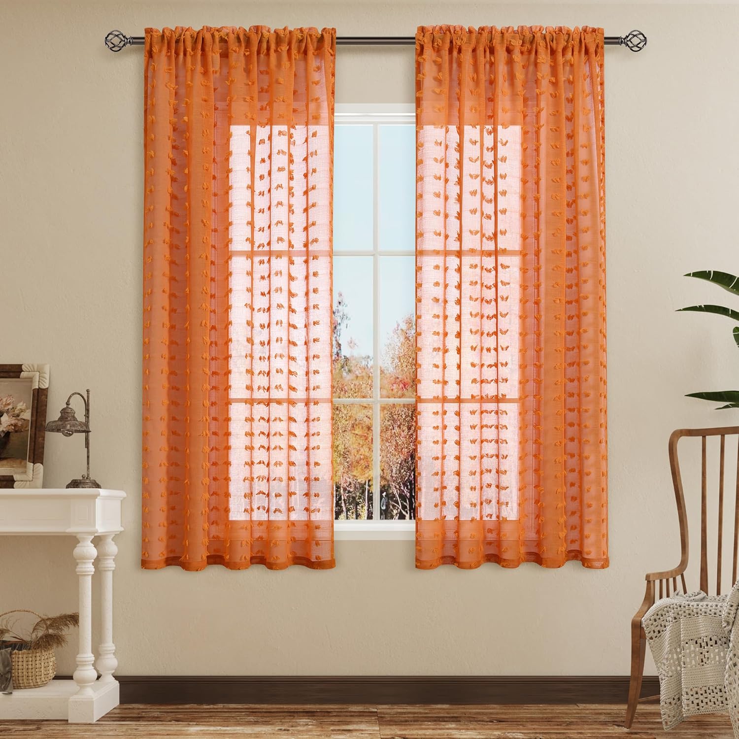 Guken 2 paneles de cortinas traslúcidas de 63 pulgadas de largo para sala de estar, dormitorio, 52 pulgadas de ancho, cortinas bohemias con pompones