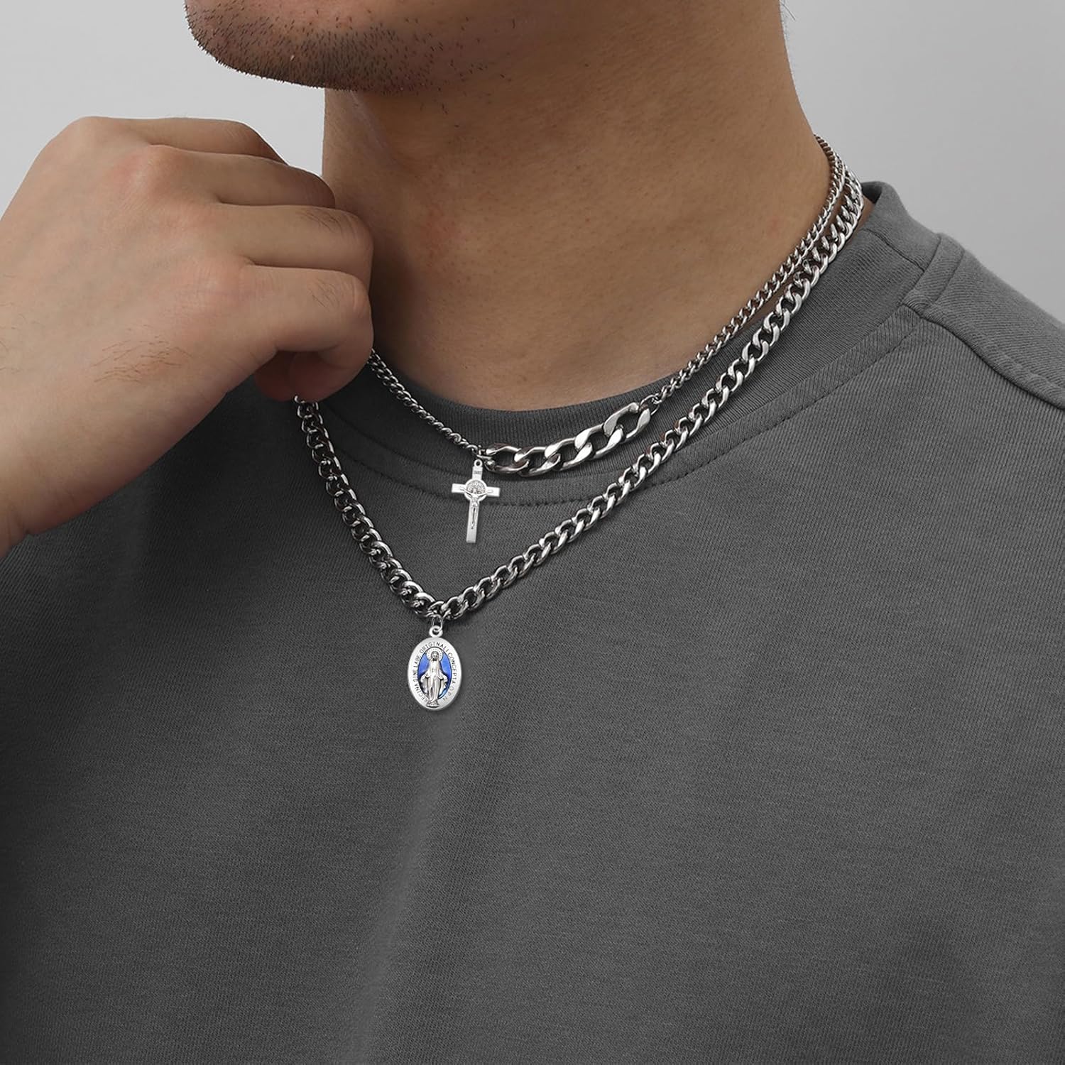 50 piezas de aleación de esmalte azul milagroso medalla ovalada Nuestra Señora Colgantes Virgen María para mujeres y hombres DIY católico collar
