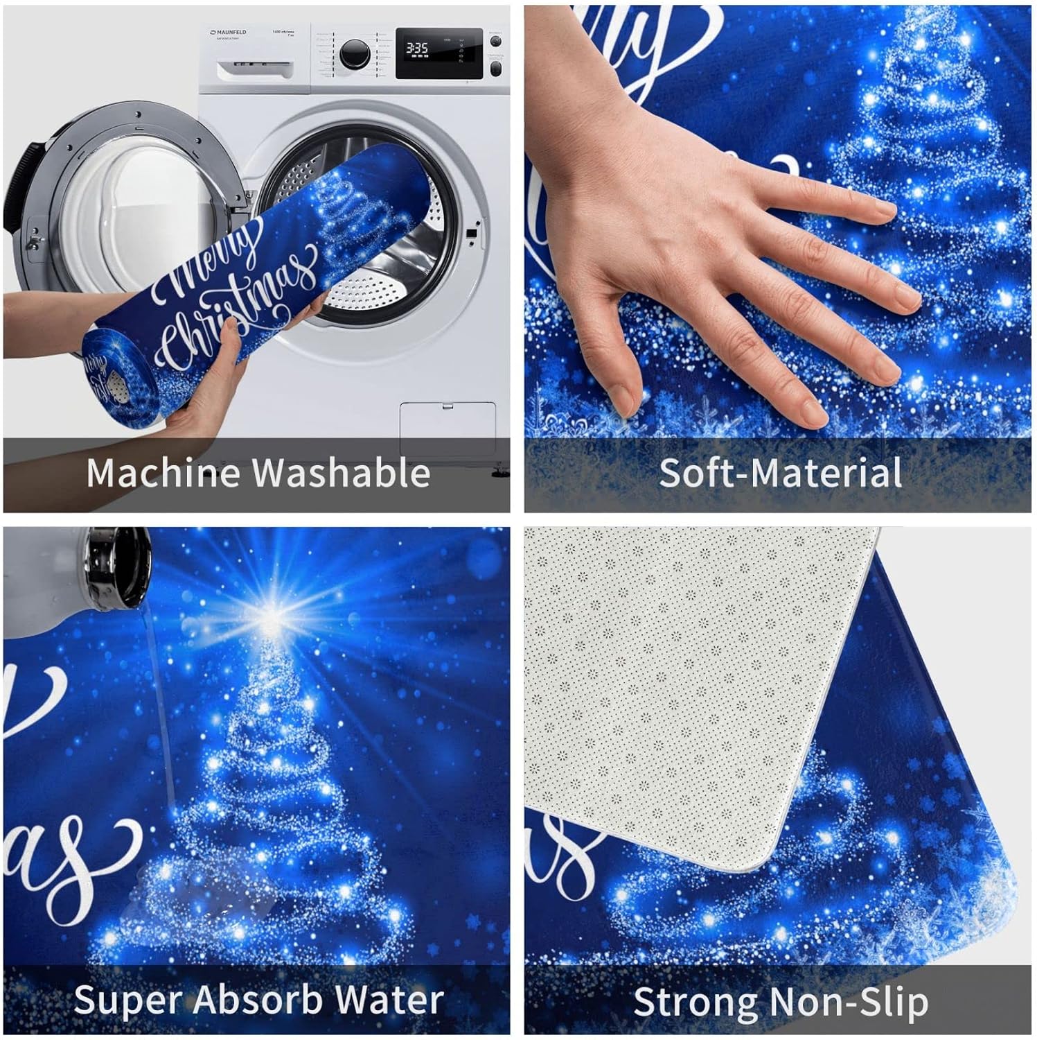 DADABULIU Tapete de baño con texto en inglés “Merry Christmas”, tapete de ducha de árbol de nieve azul, tapete de espuma viscoelástica,
