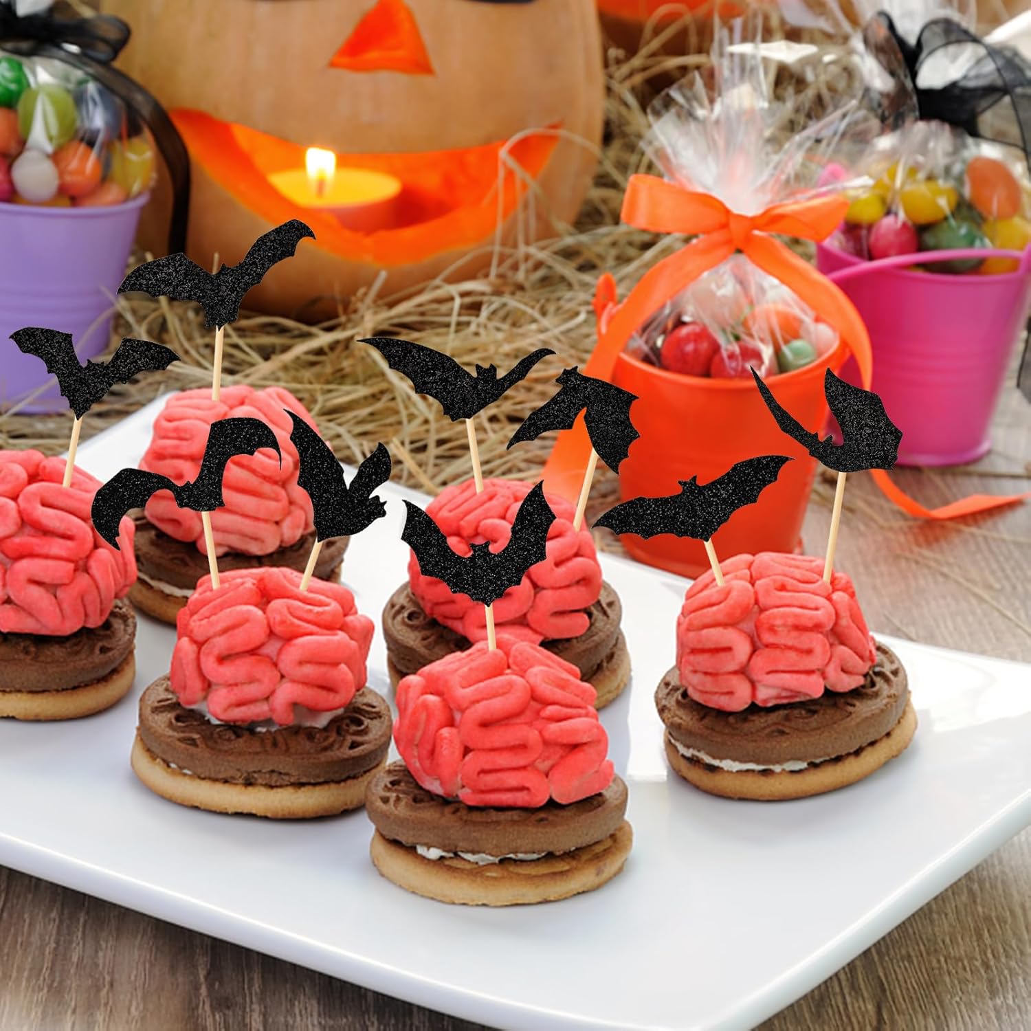 36 piezas de decoración de murciélagos de Halloween con purpurina para cupcakes de Halloween, murciélagos, baby shower, decoración de pasteles para