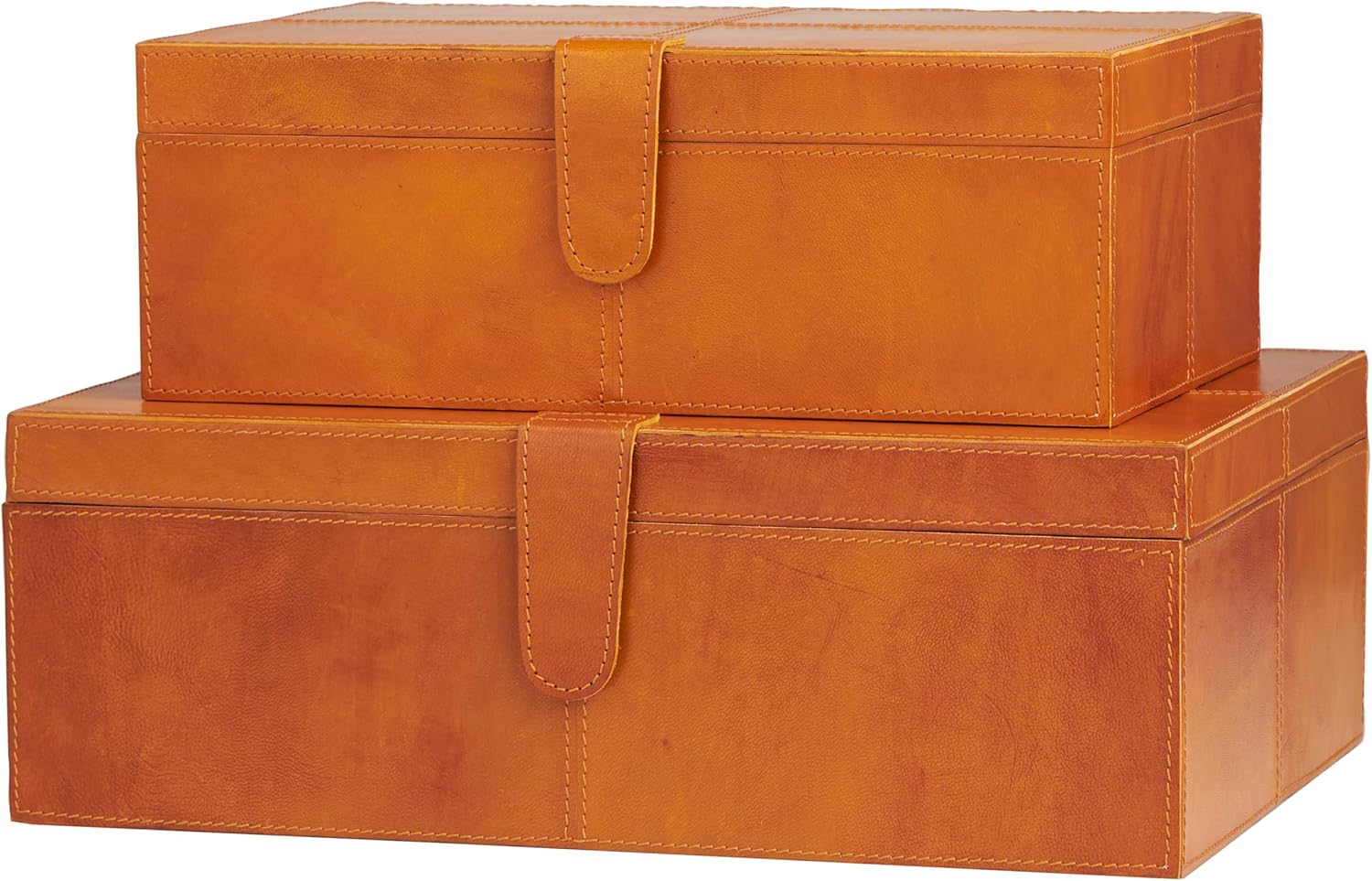 Deco 79 Caja decorativa de cuero hecha a mano con cierre frontal a presión y costuras detalladas, juego de 2 cajas de almacenamiento de 17 pulgadas,