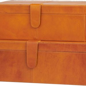 Deco 79 Caja decorativa de cuero hecha a mano con cierre frontal a presión y costuras detalladas, juego de 2 cajas de almacenamiento de 17 pulgadas, Deco 79 Caja decorativa de cuero hecha a mano con cierre frontal a presión y costuras detalladas, juego de 2 cajas de almacenamiento de 17 pulgadas,