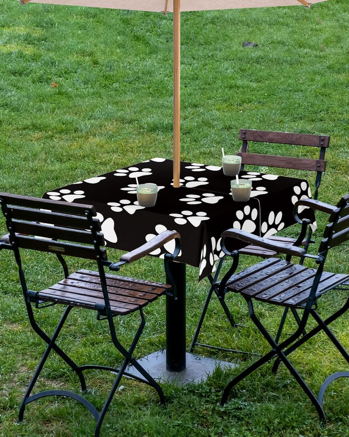 Mantel para exteriores con agujero para paraguas, estampado de patas de perro, mesas cuadradas en blanco y negro, colección de mesa impermeable para