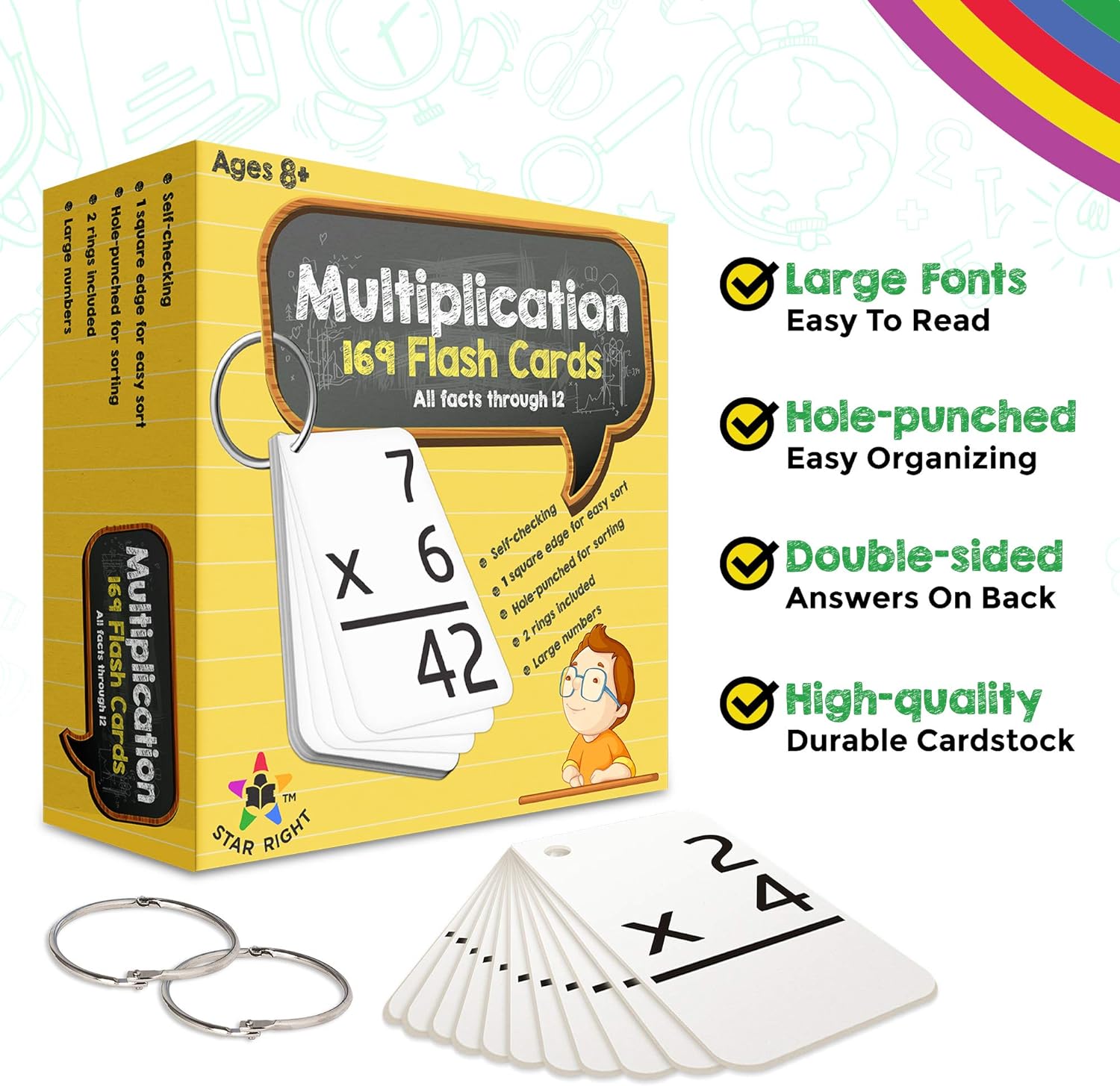 Tarjetas de multiplicación Star Right, 0-12(169 tarjetas) con 2 anillos
