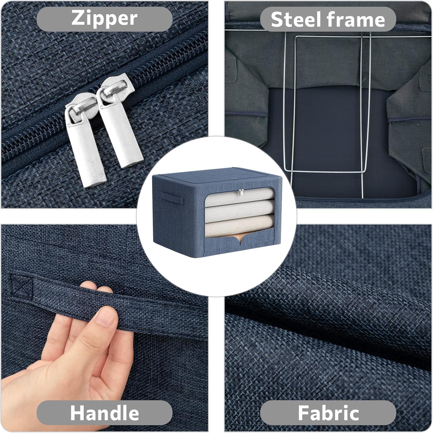 Paquete de 3 contenedores de almacenamiento de ropa, caja de almacenamiento plegable grande con marco de metal, organizador apilable de tela de lino