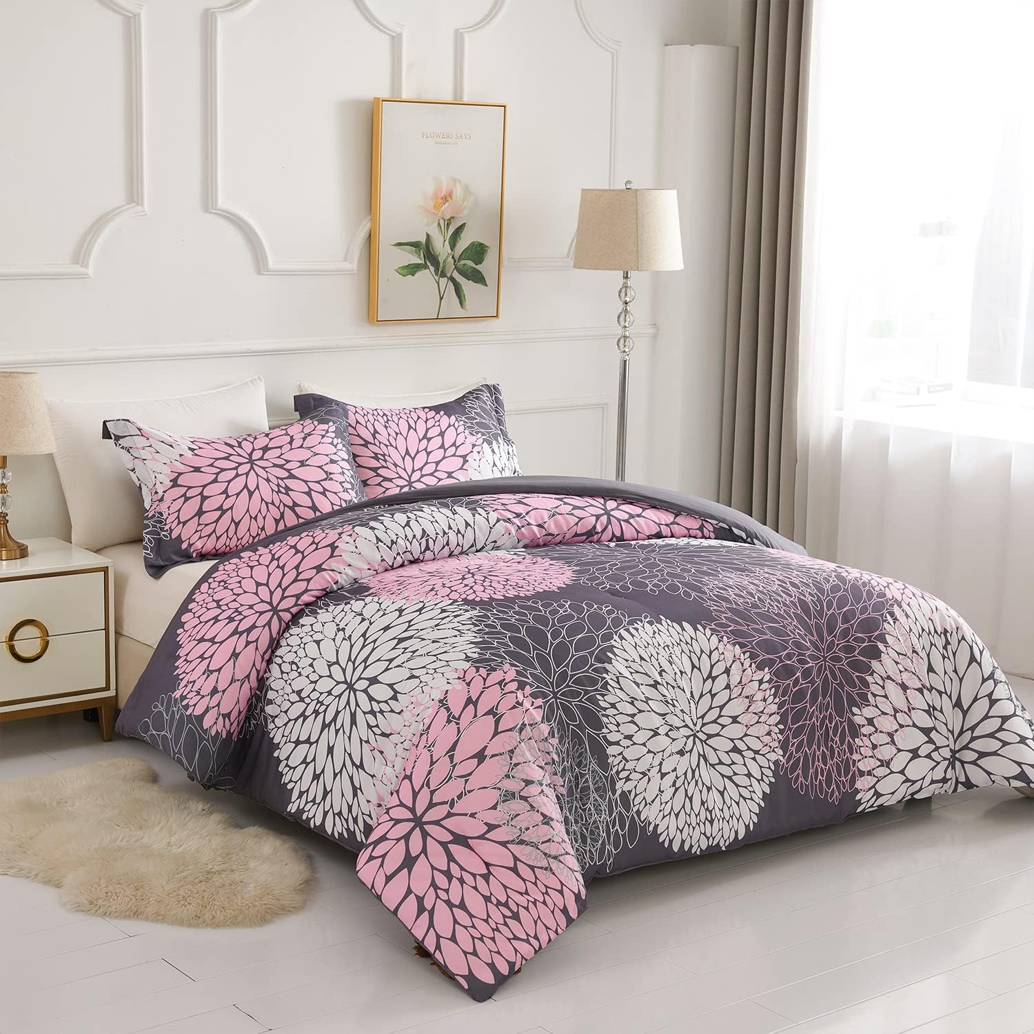 Koniroom Juego de edredón de 3 piezas, color rosa y gris, tamaño Queen, juegos de ropa de cama floral con estampado de flores rosas para mujeres,