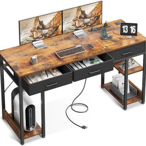 AODK Escritorio de oficina de 55 pulgadas con cajones de tela y tomas de corriente, escritorio para computadora con estantes de almacenamiento y AODK Escritorio de oficina de 55 pulgadas con cajones de tela y tomas de corriente, escritorio para computadora con estantes de almacenamiento y
