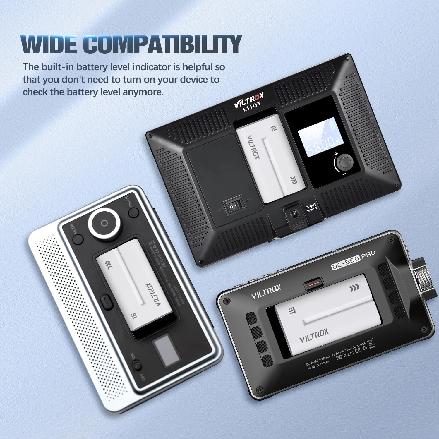 VILTROX Batería NP-F970, 2 paquetes, repuesto para Sony NP-F550 F570 F750 F770 F950 F960 F970, compatible con luz LED, monitor de campo de video,