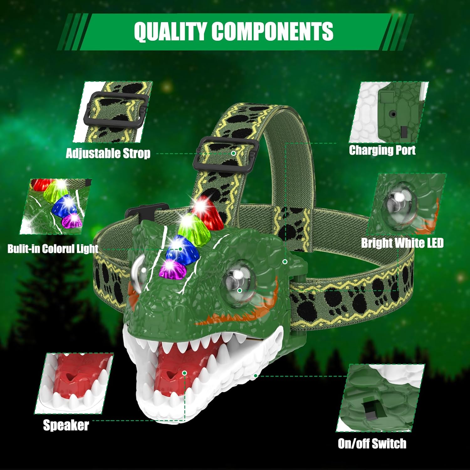 Linterna frontal recargable para niños, linterna de cabeza de juguete de dinosaurio para niños y niñas, equipo de campamento al aire libre, faro LED