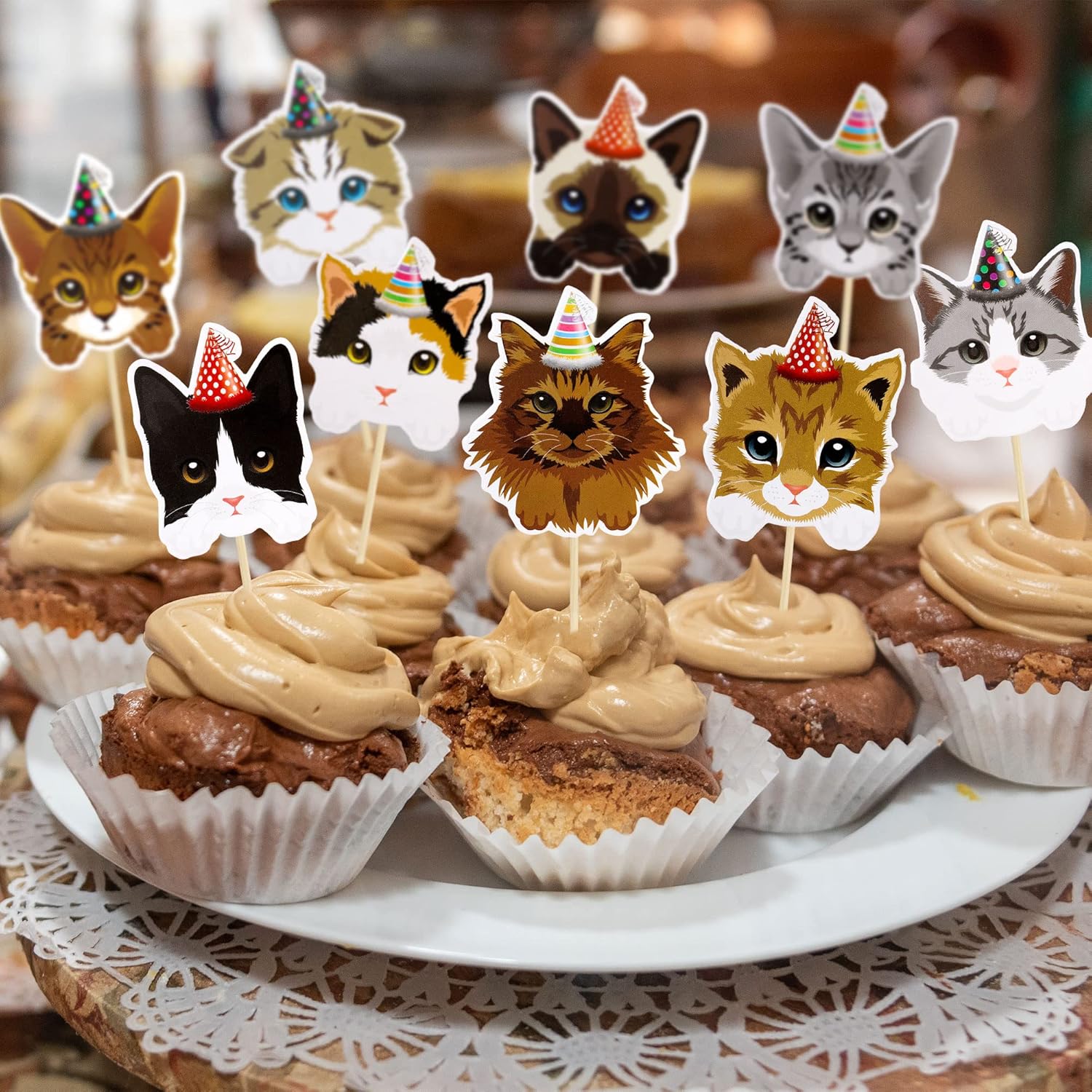 Gyufise 36 piezas de decoración para cupcakes de gatos, caras de gatos, decoración de tartas con temática de gatitos, palillos de dientes,