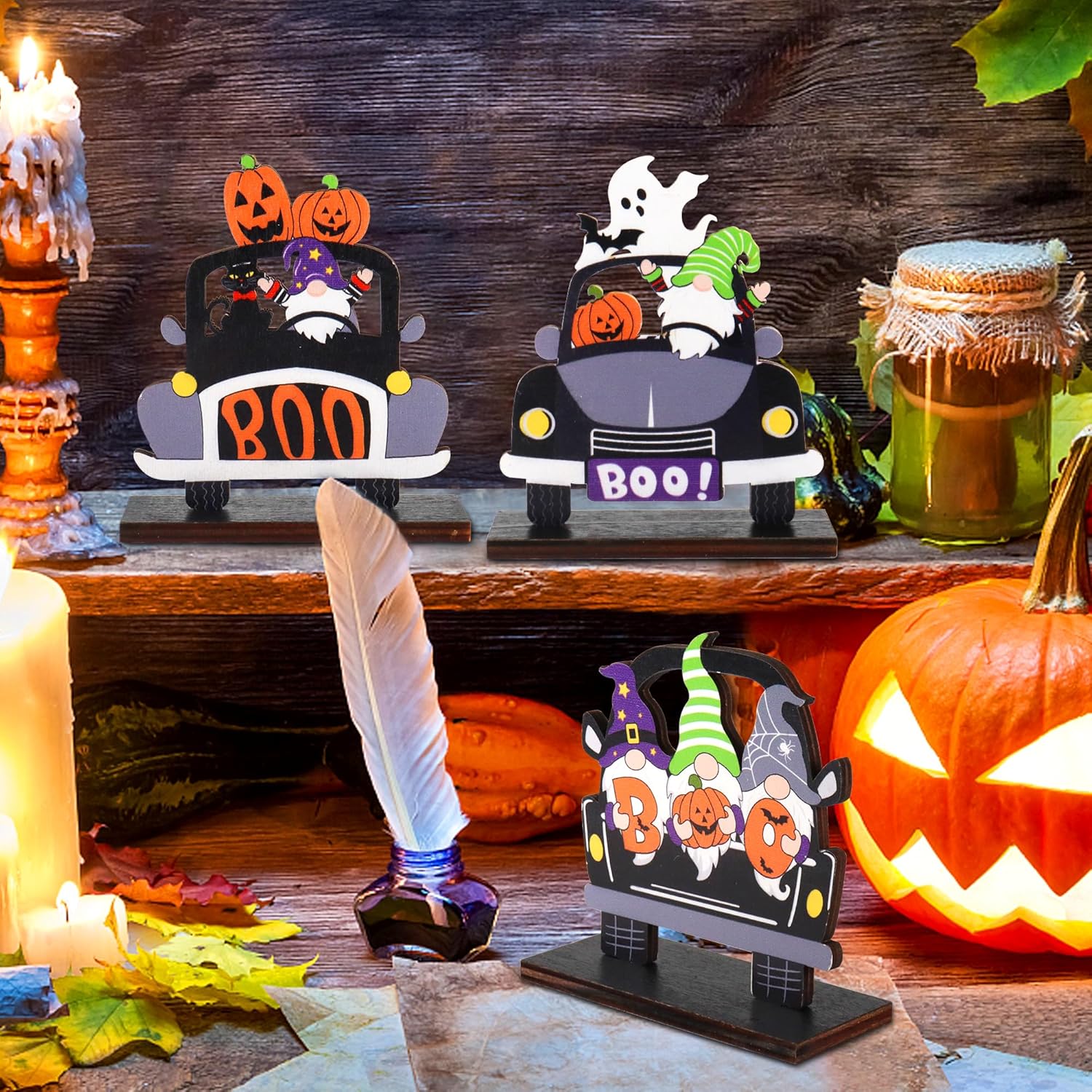 Letrero de mesa de madera de Halloween, centros de mesa de Halloween, calabaza, fantasma, murciélago, madera, decoración de coche, 3 piezas