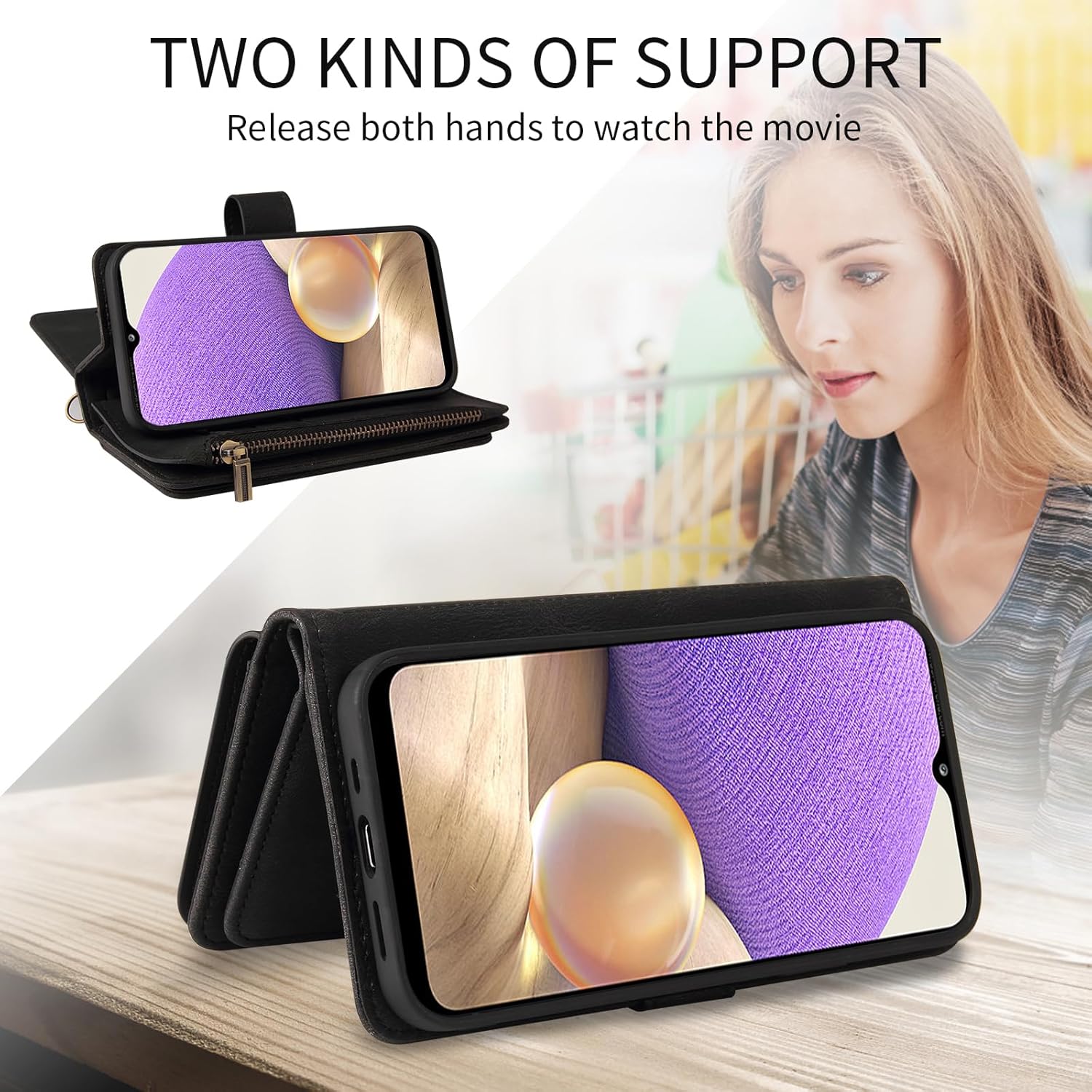 Asuwish Funda de teléfono para Samsung Galaxy A32 5G 2021 de 6.5 pulgadas con protector de pantalla de vidrio templado y correa para la muñeca,