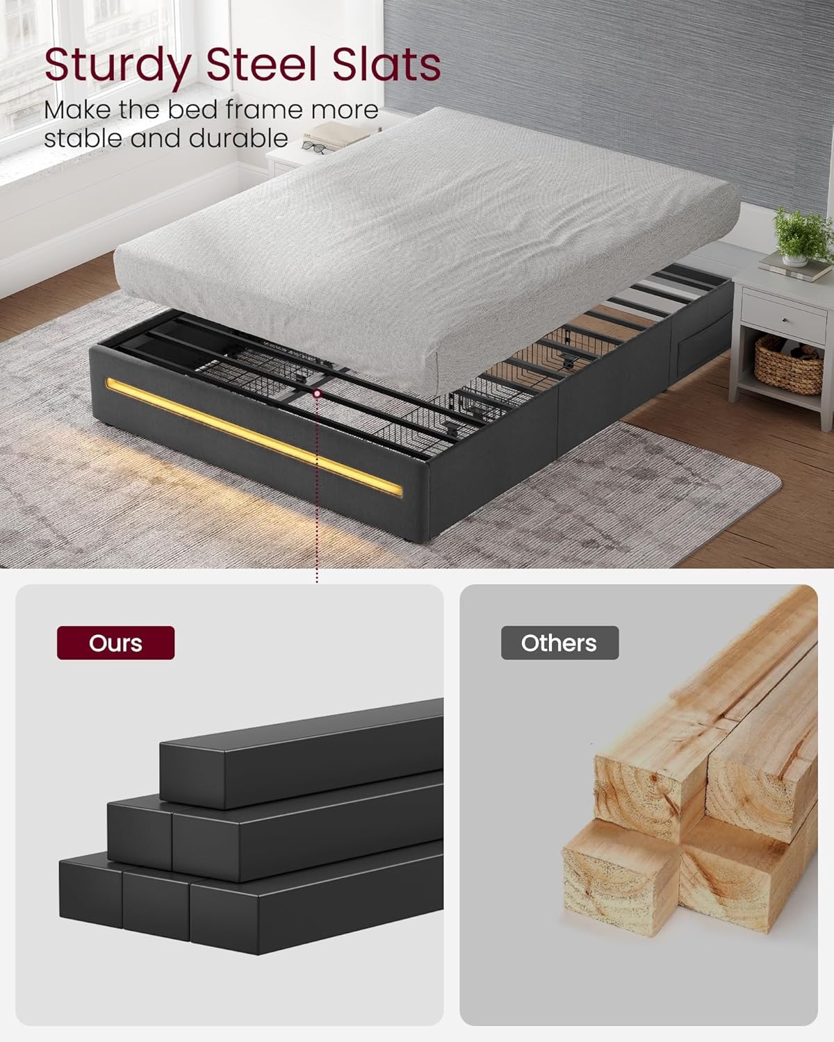 VASAGLE Base de cama LED tamaño Queen con 4 cajones y estación de carga, marco de cama Queen con 1 puerto USB y 1 puerto tipo C, listones de acero,