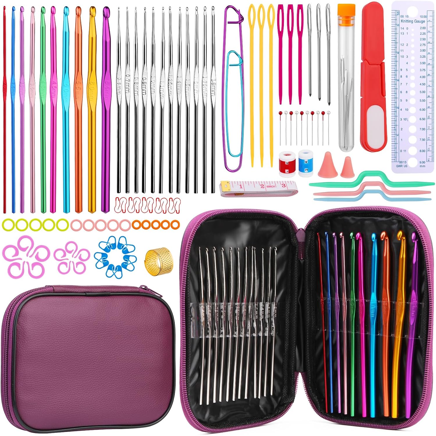 Pnytty Ganchos de ganchillo, kit de 100 ganchos de ganchillo con estuche, incluye ganchos de ganchillo ergonómicos, accesorios de ganchillo, agujas
