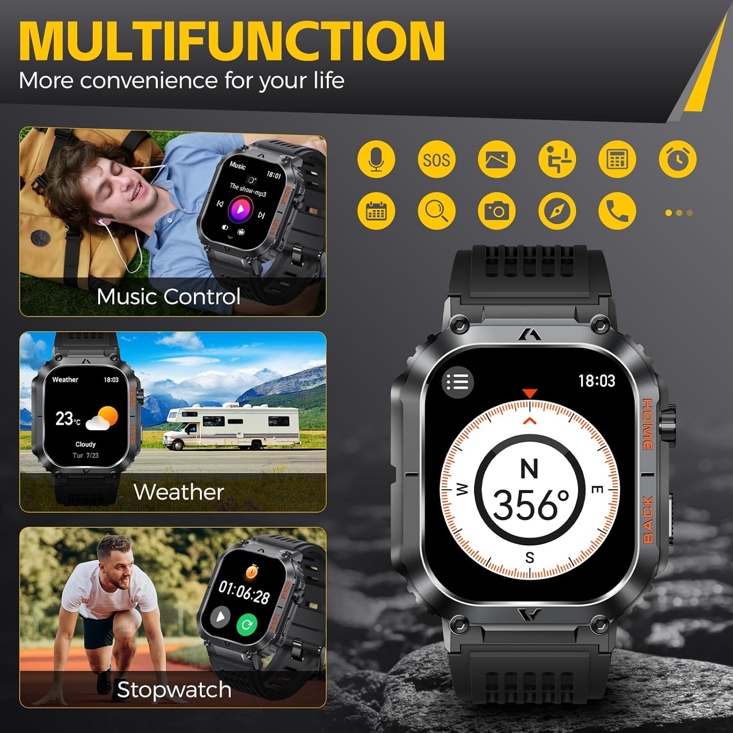 Reloj inteligente militar para hombre, resistente al agua, 5 ATM, con llamada, 2.02 pulgadas, pantalla grande, resistente al aire libre, reloj