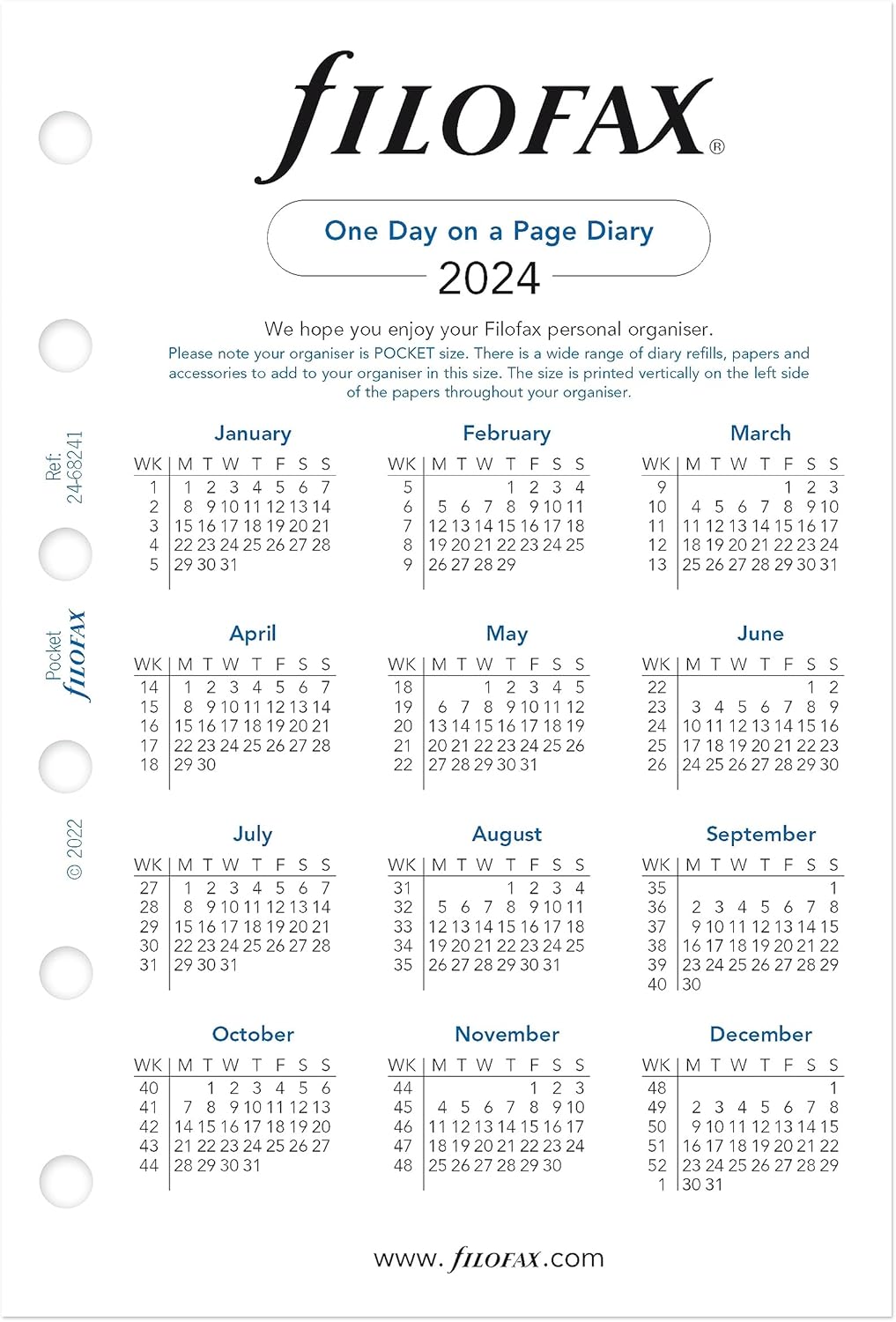 Filofax Calendario de recambio de diario, tamaño de bolsillo, día en una página con citas, a rayas, papel blanco, inglés, 2024 (C68241-24)