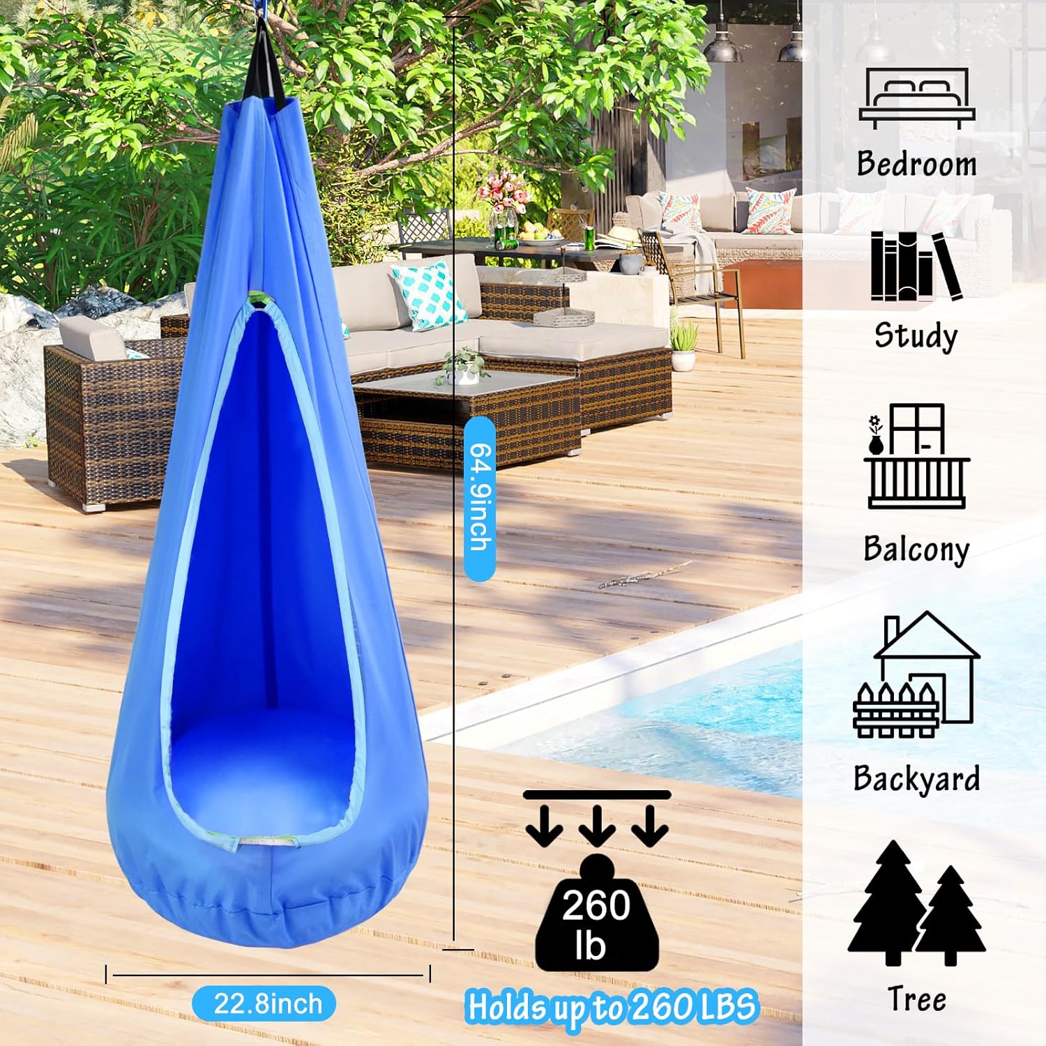 Asiento columpio para niños, hamaca colgante con tira de luces LED y cojín inflable, silla giratoria sensorial para exteriores e interiores, máximo