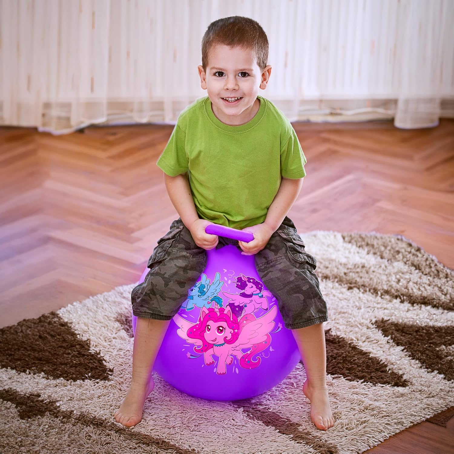 U&C Planet Hoppity Hop – Pelota de salto con asa para niños de 3 a 6 años, para sentarse y rebotar de 18 pulgadas con bomba