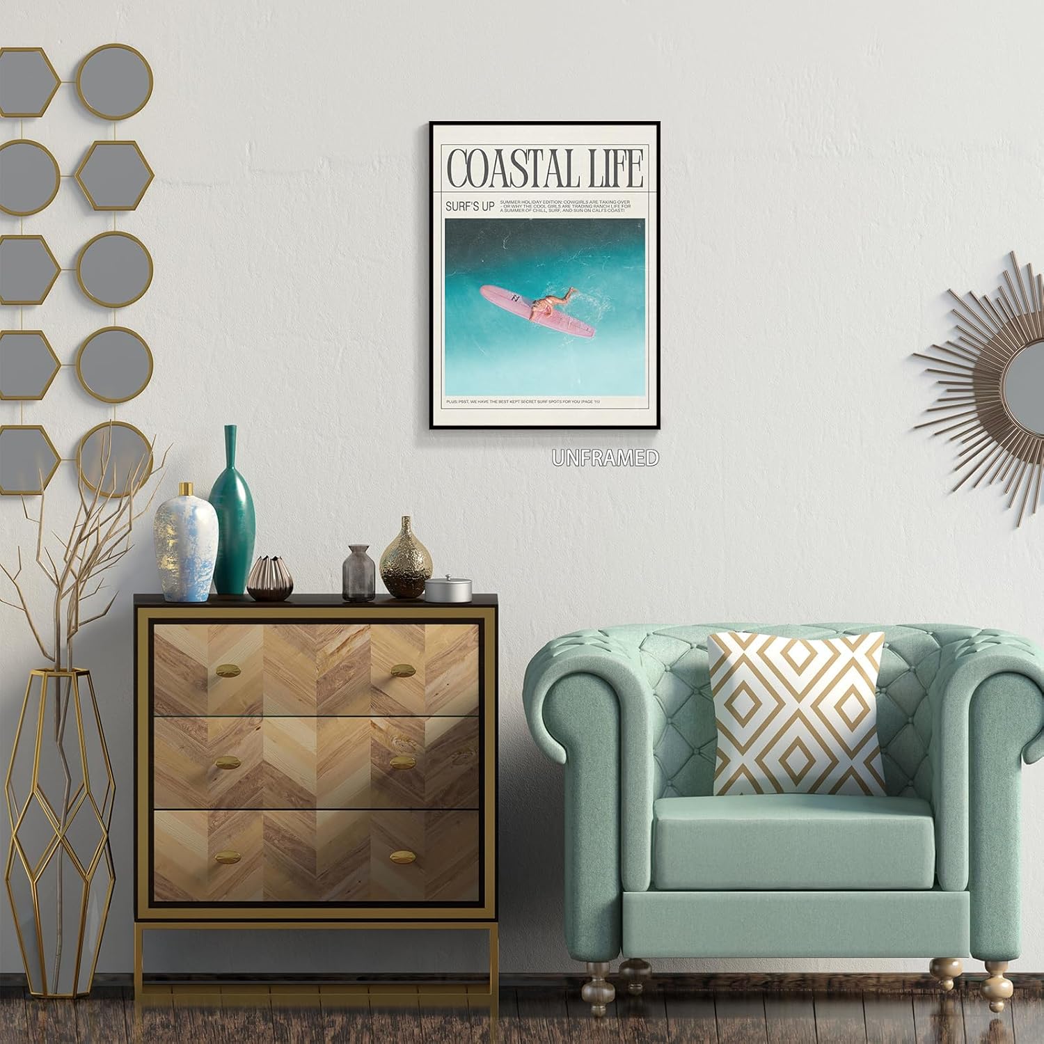 Nanxiwofee Lienzo decorativo para pared de niña surfista, póster para decoración de habitación de playa, tabla de surf, periódico, verano, playa,