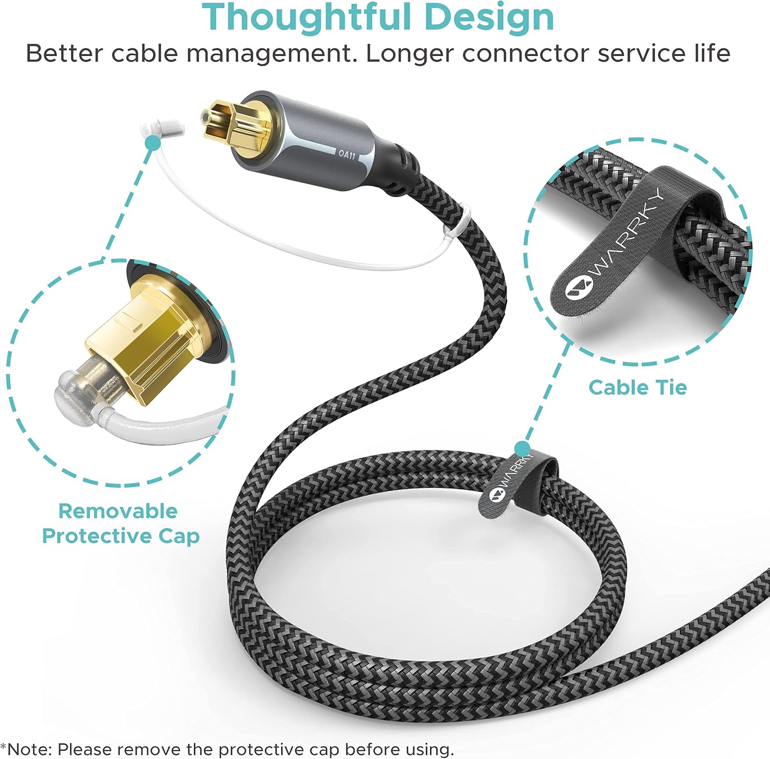 Warrky Cable de audio óptico, cable de fibra óptica de 10 pies caja de metal, trenzado de nailon, enchufe chapado en oro Cable Toslink de audio