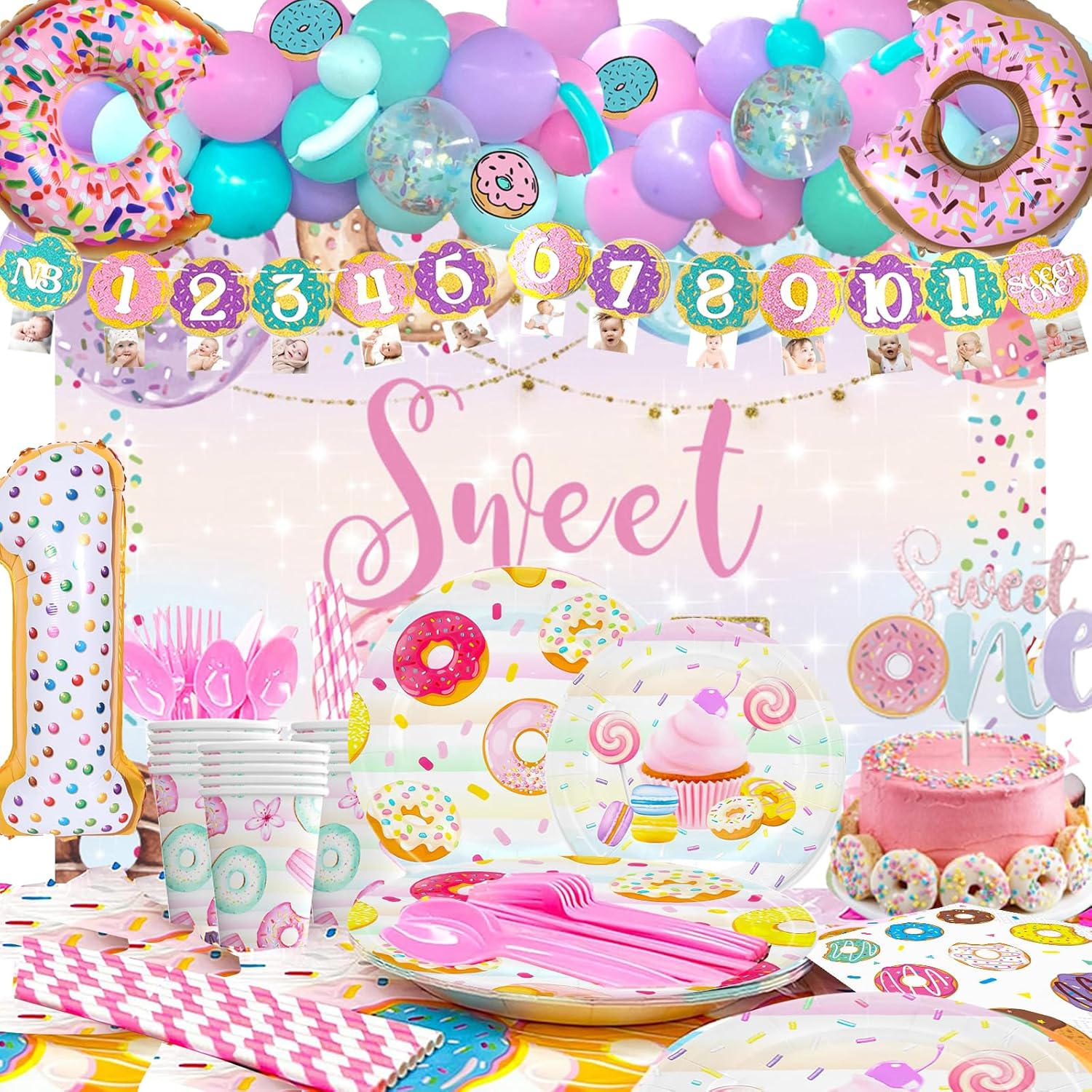 195 piezas de decoración de fiesta de cumpleaños Sweet One, suministros de fiesta de Hombae Donut para niña, telón de fondo, guirnalda de globos,