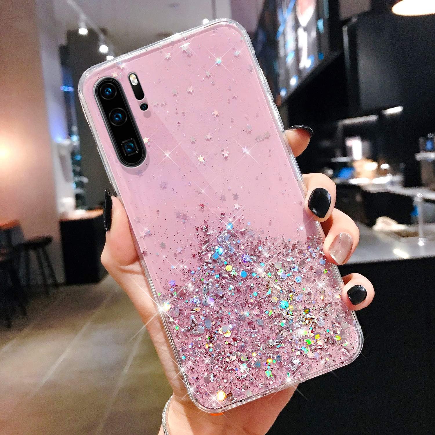 Funda para Huawei P30 Pro con purpurina, transparente con purpurina delgada, de goma de poliuretano termoplástico (TPU), gel de piel de estrellas