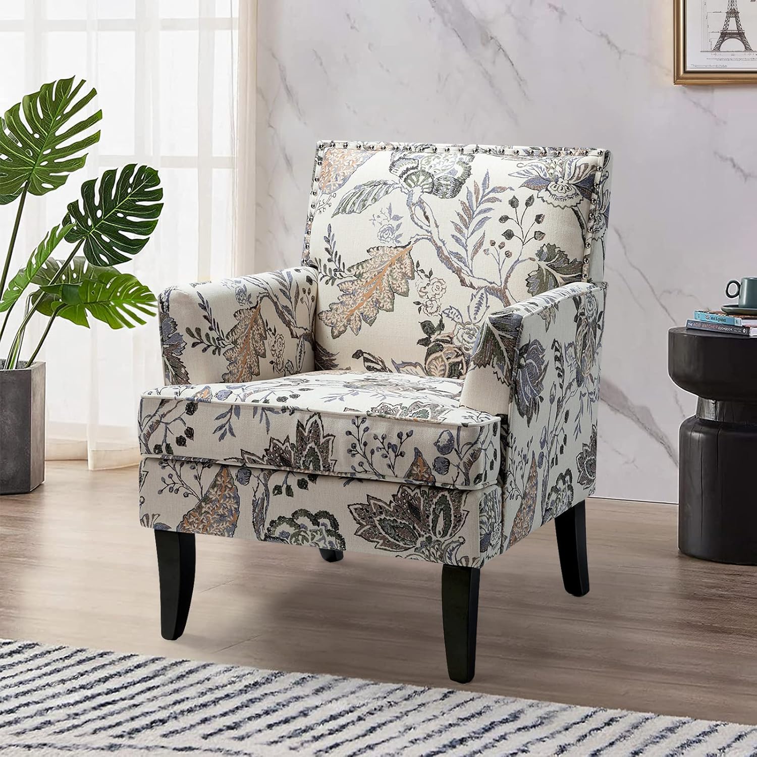 HULALA HOME Silla decorativa moderna con brazos y patas de madera, silla decorativa con estampado floral, respaldo alto, reposabrazos acolchado y