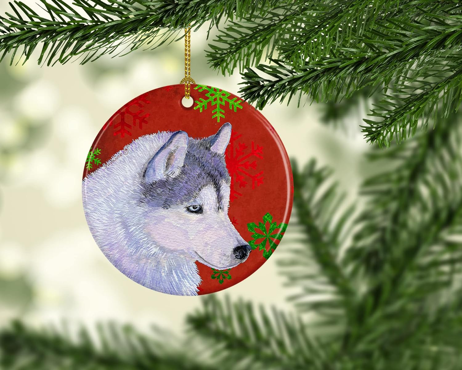 Caroline’s Treasures SS4671-CO1 – Adorno de cerámica de Navidad de Husky Siberiano con copos de nieve rojos, multicolor