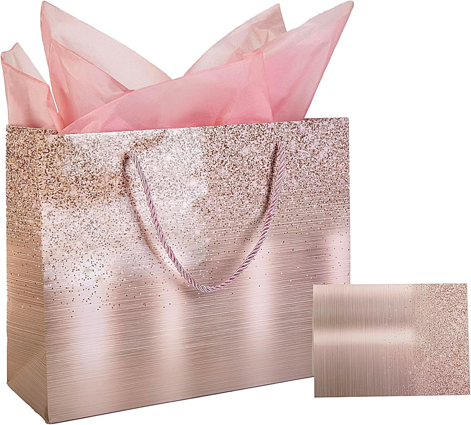 MAWASTORE Juego de 2 bolsas de regalo grandes de color rosa suave de 13 pulgadas con tarjeta de felicitación y papel de seda