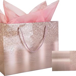 MAWASTORE Juego de 2 bolsas de regalo grandes de color rosa suave de 13 pulgadas con tarjeta de felicitación y papel de seda MAWASTORE Juego de 2 bolsas de regalo grandes de color rosa suave de 13 pulgadas con tarjeta de felicitación y papel de seda