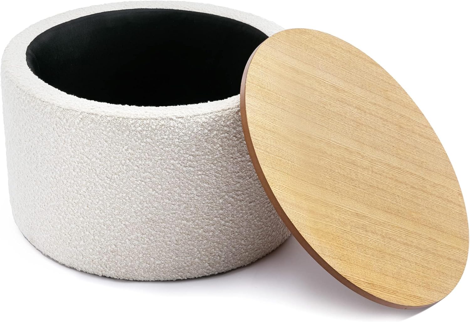 Zibeths Otomana de almacenamiento, otomana con almacenamiento para sala de estar, reposapiés Farbic Beige Boucle, mesa auxiliar con tapa de madera,