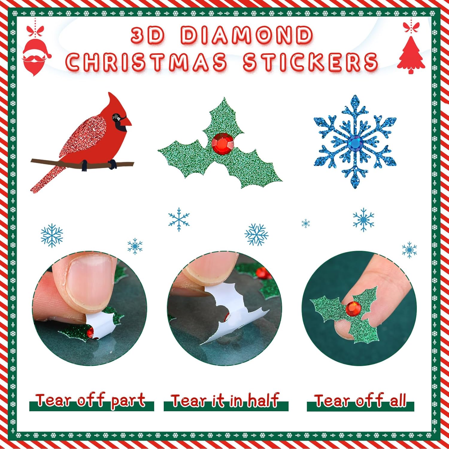 Zonon 300 calcomanías de acebo de Navidad, copos de nieve, calcomanías de purpurina dimensional de diamante 3D de Navidad, calcomanías decorativas