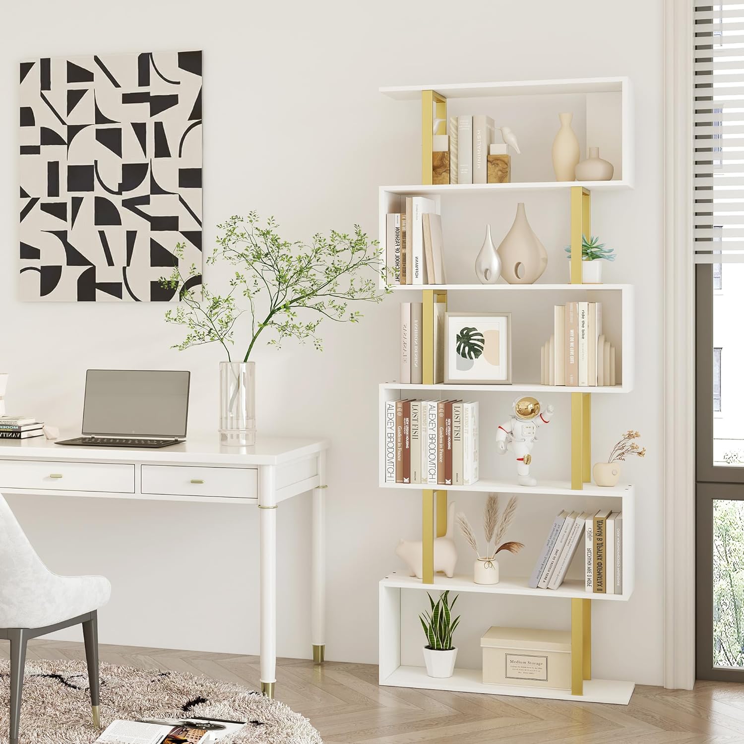 Yusong Estantería geométrica, estantería en forma de S, estantes de libros de 6 niveles para dormitorio, estante decorativo de madera moderno,