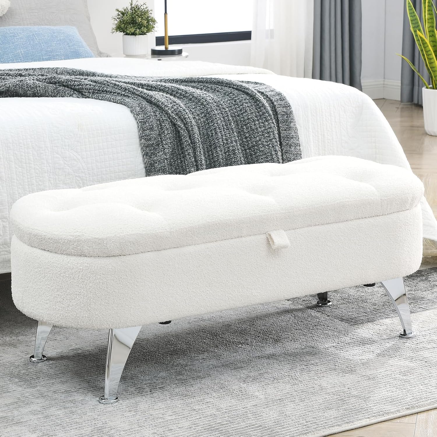 Setawix Banco otomano de almacenamiento Sherpa para dormitorio, extremo de la cama, banco de almacenamiento ovalado de 45.5 pulgadas de largo, banco