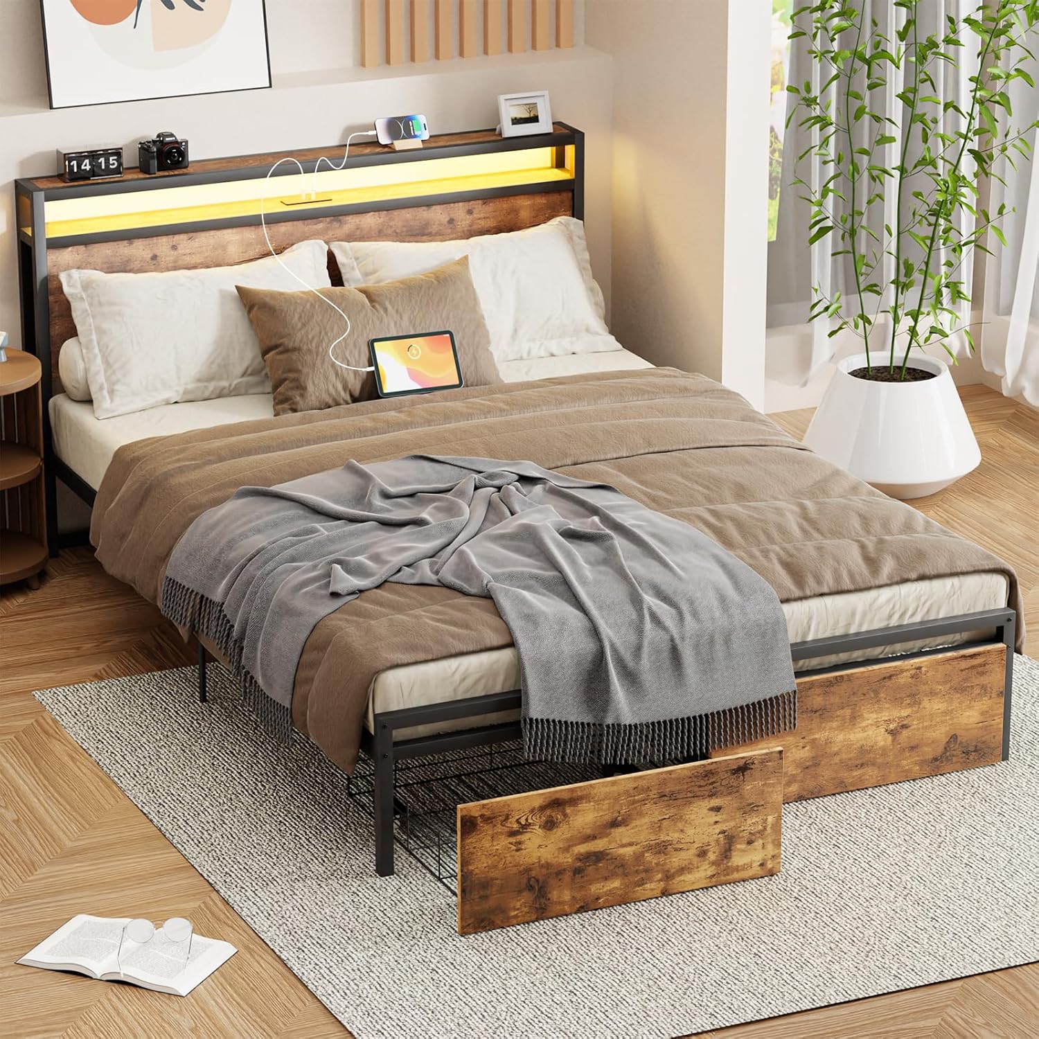 Zevemomo Base de cama LED Queen con 2 cajones, marco de cama de plataforma Queen con luces LED y estación de carga, 3 puertos USB y 1 puerto tipo C,