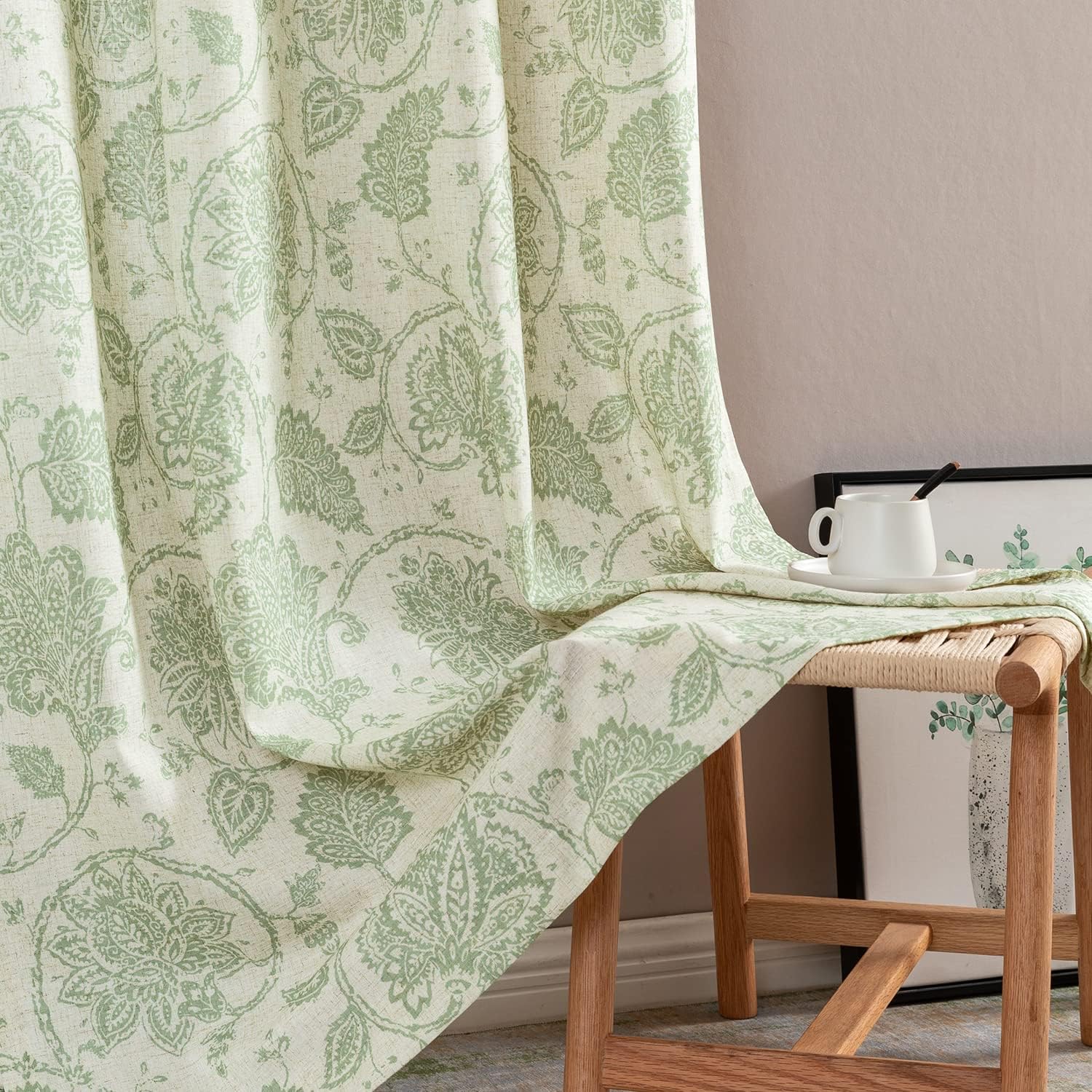 jinchan Cortinas de lino para sala de estar, cortinas con estampado de cachemira floral verde de 84 pulgadas de largo, cortinas Ikat filtrantes de