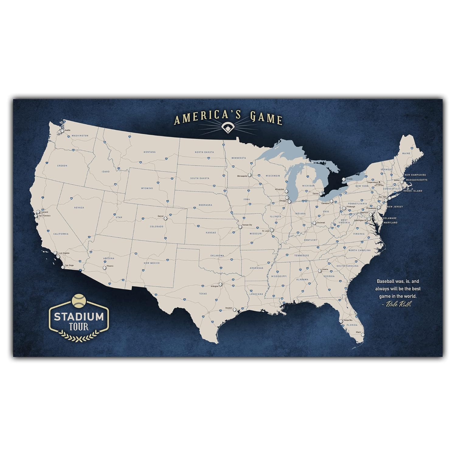 Holy Cow Canvas Personalized Canvas Baseball Stadium Map Tracker with Pins Includes Push Pins, Baseball Parks Bucket List, Customized Baseball Gift