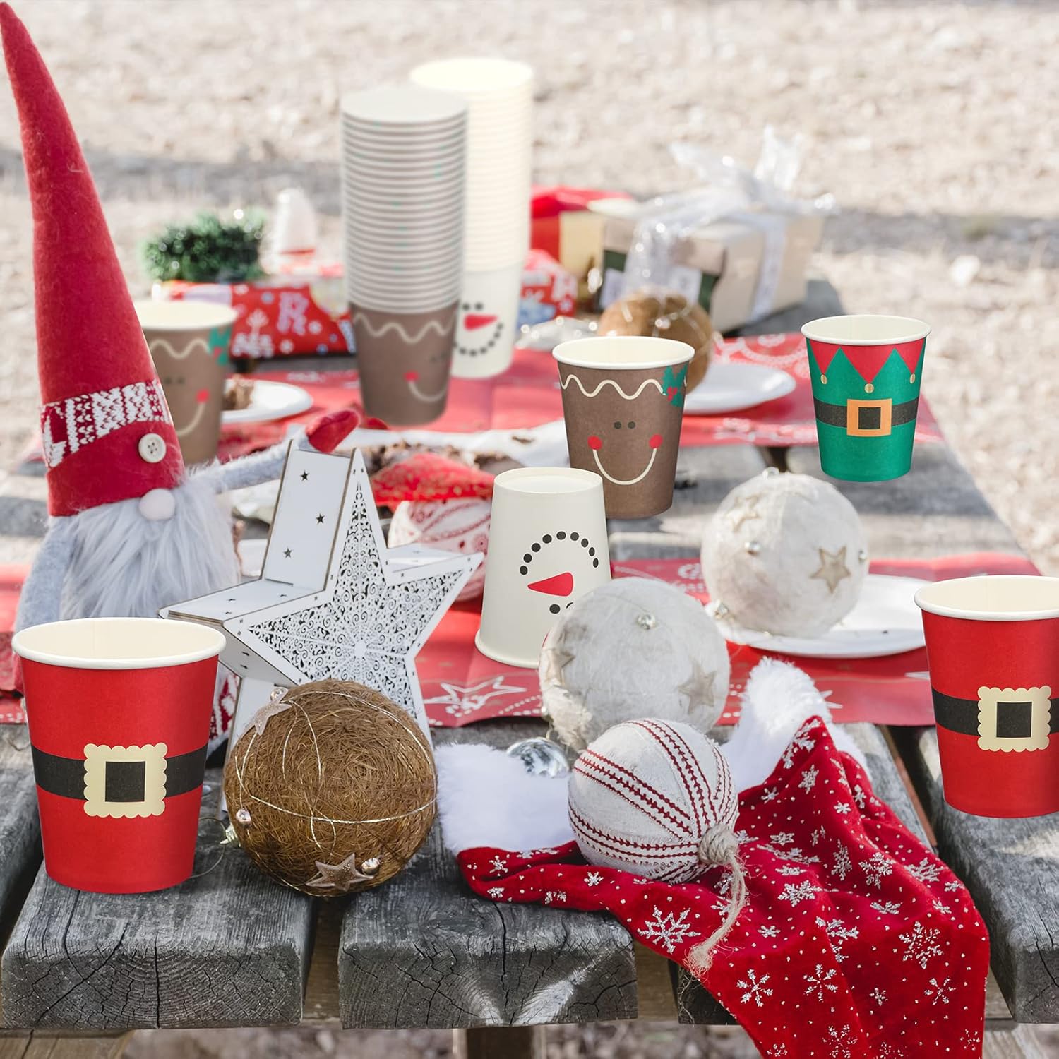 100 vasos de papel de Navidad, vasos de café desechables de Navidad, copos de nieve, Papá Noel, elfo, muñeco de nieve, alce, tazas de Navidad de 9