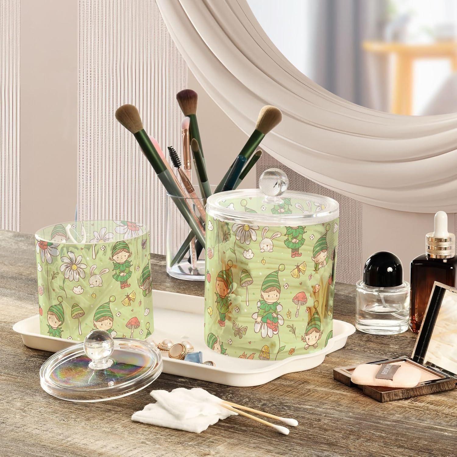 Elf Jars with Lids Plastic Jars Bathroom Containers Canister Jar Cotton Pad Dispenser for Dorm Room Essentials for College Students Girls