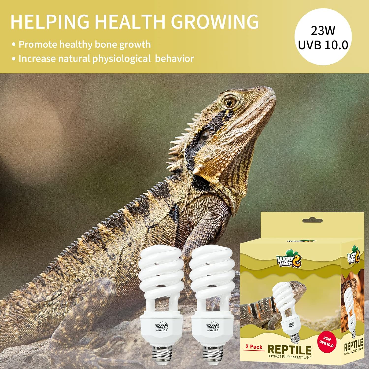 LUCKY HERP Paquete de 2 luces UVA UVB para reptiles, 23 W 10.0 UVB para reptiles del desierto, lámpara fluorescente compacta de terrario, bombilla
